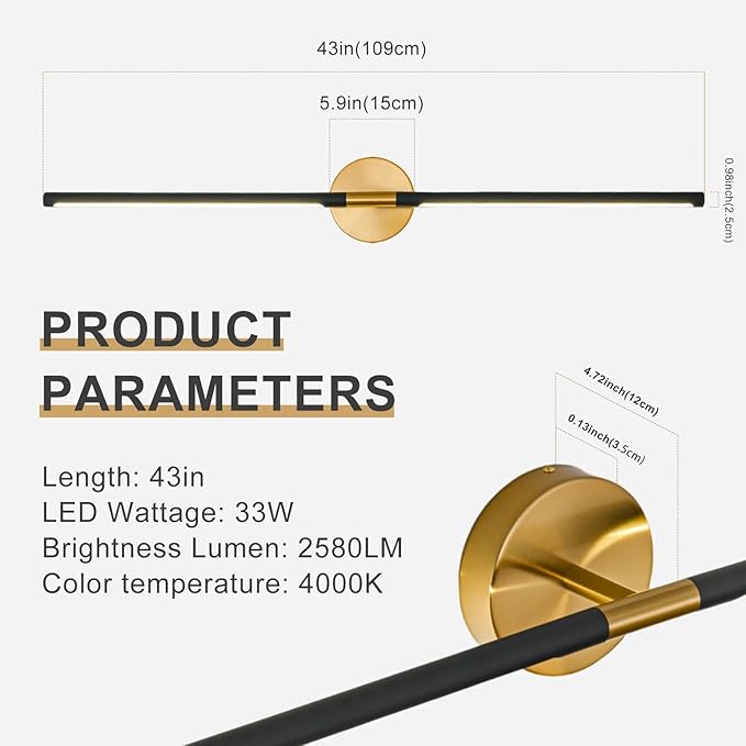 Modern Bathroom Light Fixtures Over Mirror 43 Inch, 33W 360° Rotatable Dimmable 4000K Led Vanity Light Bar, Black and Gold Bathroom Vanity Lights Above Mirror