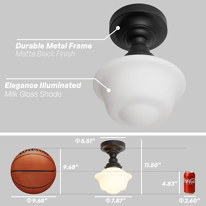 Schoolhouse Semi Flush Mount Ceiling Light,Black Close to Ceiling Light Fixtures with Milky White Glass Modern Farmhouse Hallway Ceiling Lamp for Laundry Kitchen Entryway Bathroom E26