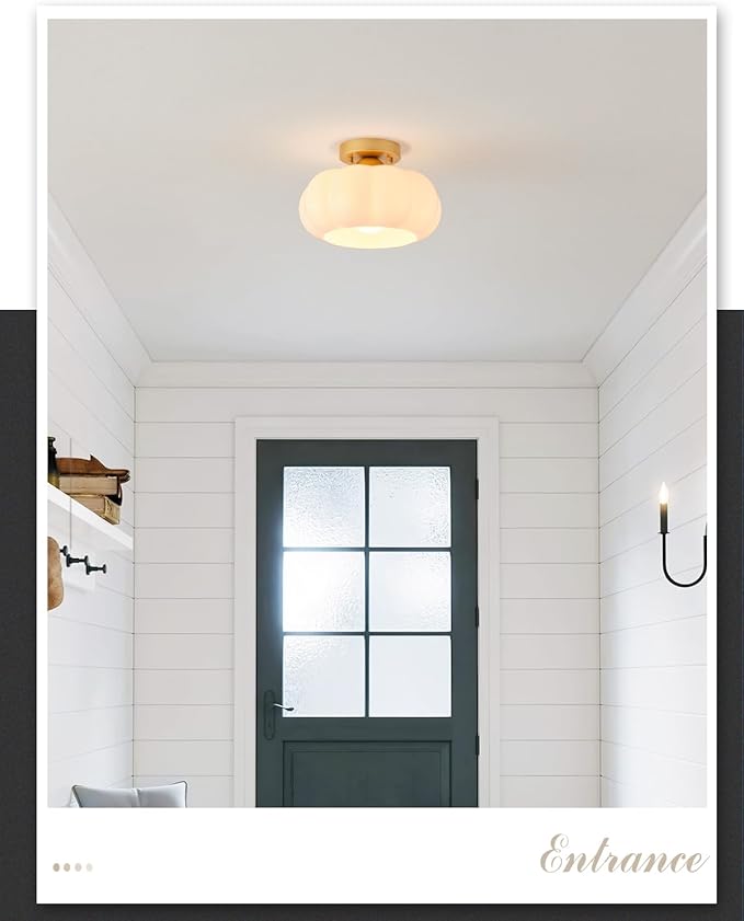 Vintage Semi Flush Mount Ceiling Light,Mid Century Modern Ceiling Lights,10 Inch Milk White Glass Shade with a Gold Base,for Bedroom,Kitchen,Hallway,Entryway