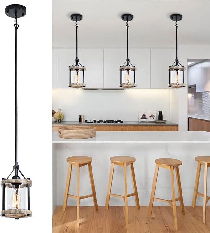 Farmhouse Pendant Light, Rustic White Wood Metal Cage Hanging Light Fixtures with Glass, 43 Inch Adjustable for Flat and Slop Ceiling, Pendant Lighting for Kitchen Island Foyer Hallway, 2 Pack