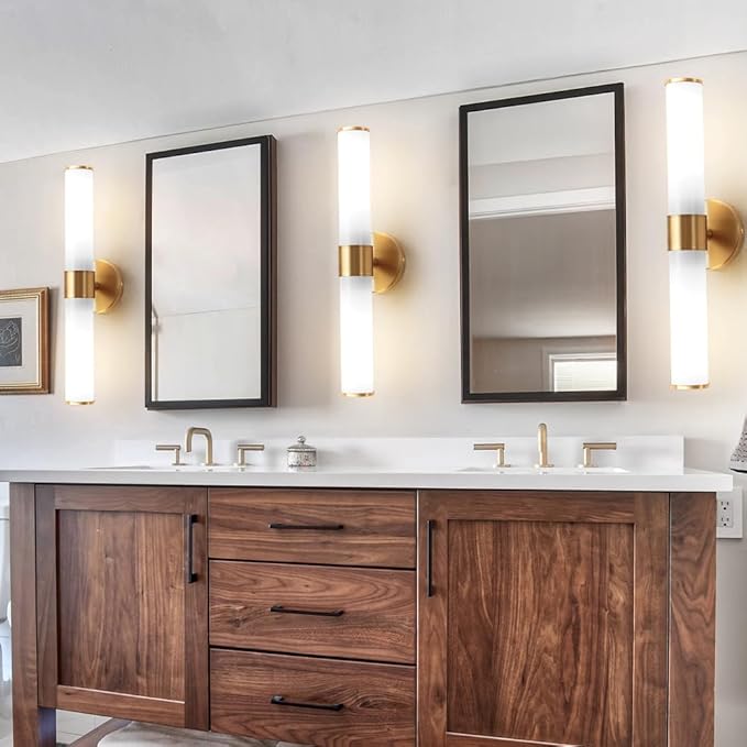 Gold Bathroom Light Fixtures, Vanity Lights for Mirror with Milk Glass Shade, 20 Inch Up and Down Wall Sconces for Bathroom Bedroom Living Room Hallway - Bulb Not Included