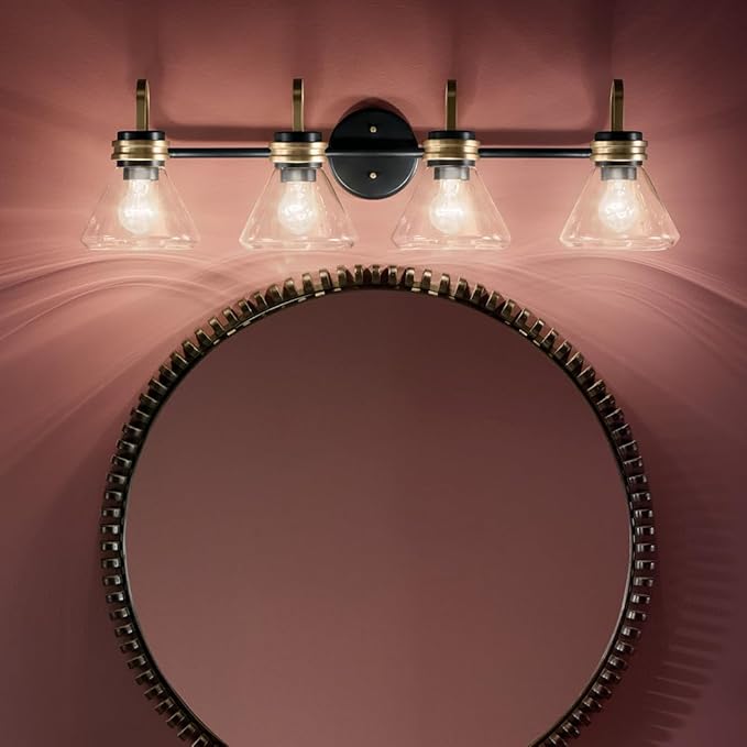 Kichler Farum 34" 4-Light Bathroom Vanity Light Fixture with Clear Glass in Black, Modern Wall Mount Over Mirror for Single or Double Vanity (34" W x 9.5" H), 55156BKCLR