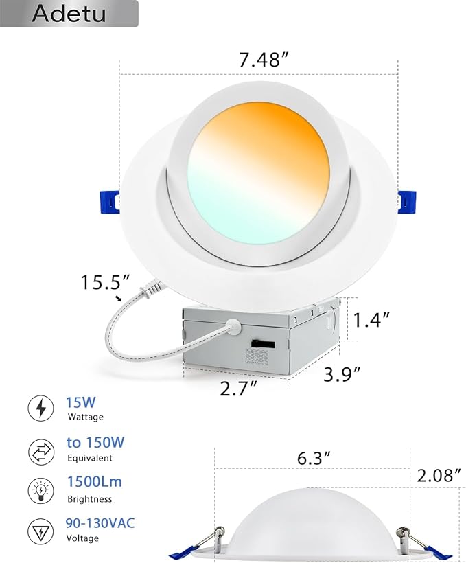 Adetu 6 Inch 5CCT Gimbal Led Recessed Lighting, 360°+90° Adjustable Directional Recessed Lighting 6 inch, 2700K-5000K Dimmable Retrofit Eyeball Can Recessed Lights with Jbox, ET (White, SMD, 6 Pack)