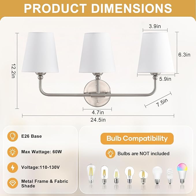 Bathroom Light Fixtures, 3-Light Brushed Nickel Vanity Lights, 24.5" Bathroom Lighting Fixtures Over Mirror with White Fabric Shade, Modern Wall Sconces for Bedroom Living Room Hallway