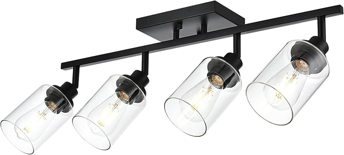4-Light Track Lighting Kit Black Track Lighting Fixtures Bathroom Wall Sconces Ceiling Mount Kitchen Tracking Lights, Rotatable Spotlight with Clear Glass Shade for Kitchen Shop Hallway