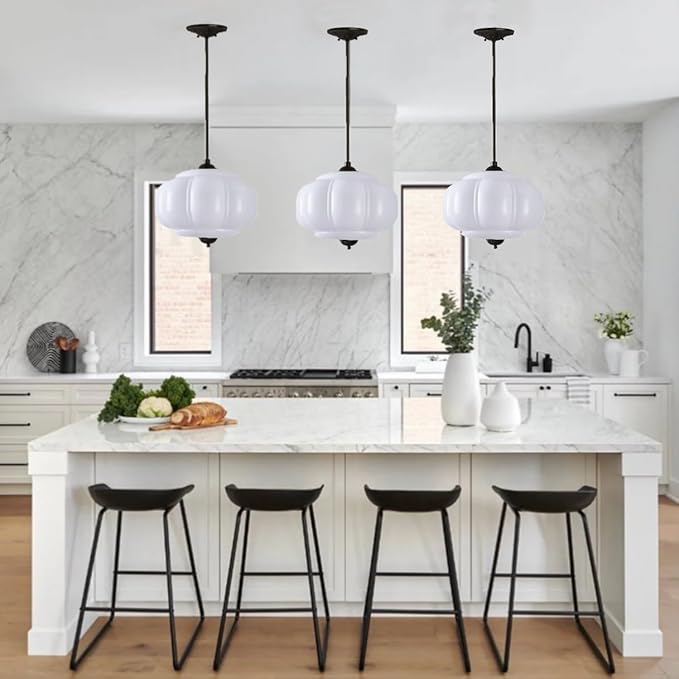 Milk White Glass Pendant Light Vintage Schoolhouse Lighting Opal Glass Chandelier Traditional Black Semi Flush Mount Ceiling Light for Bedroom Kitchen Dining Room