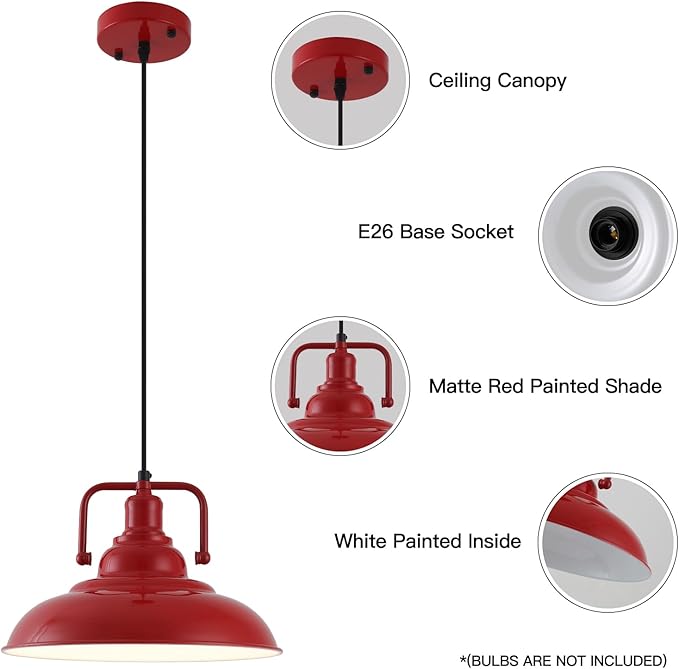 Farmhouse Pendant Light, 2 Packs 12.5inches Red Kitchen Pendant Lights, Island Pendant Lights, Modern Pendant Lights, Pendant Light for Kitchen, Living Room, Bedroom, Hallway