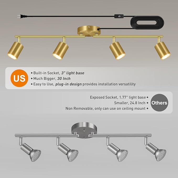 Plug in Track Lighting LED, Track Lighting Fixtures Ceiling Gold, 4-Light Kitchen Light Kit, Plug in Wall Light with 14.8ft Power Cord, Rotatable Ceiling Spotlight for Bedroom(GU10 Socket, NO Bulb)