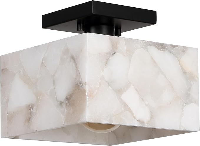 JONATHAN Y 8" White Marbling/Black Modern 1-Light Semi Flush Mount Ceiling Light for Bedroom, Cube White Alabaster Marble Shade, Mid-Century Minimalist Fixture, LED Bulb Included (JYL1203B)