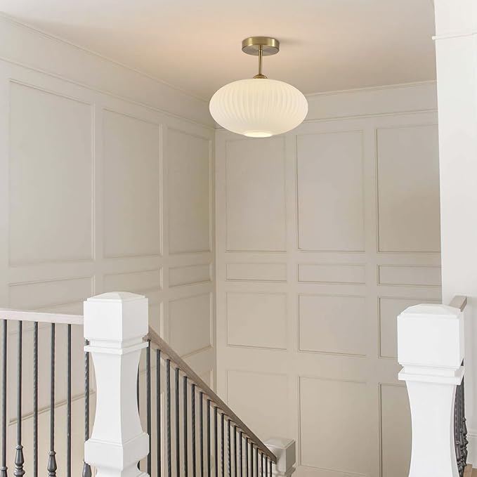 BOKT Vintage Ceiling Light Fixture 9.8" Lantern Shape Milk White Glass Ceiling Light Mid Century Modern Ceiling Pendant Light for Bedroom, Dining Table, Stairway