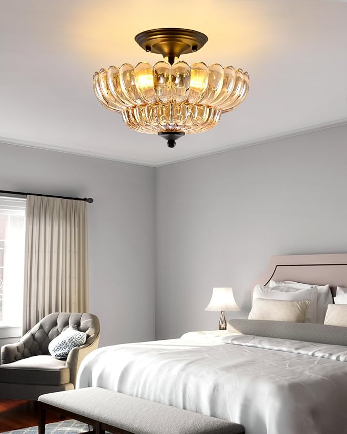 Black Semi Flush Mount Ceiling Light with Amber Glass Shades, 3-Light Modern Farmhouse Chandelier for Kitchen, Bathroom, Hallway, and Entryway