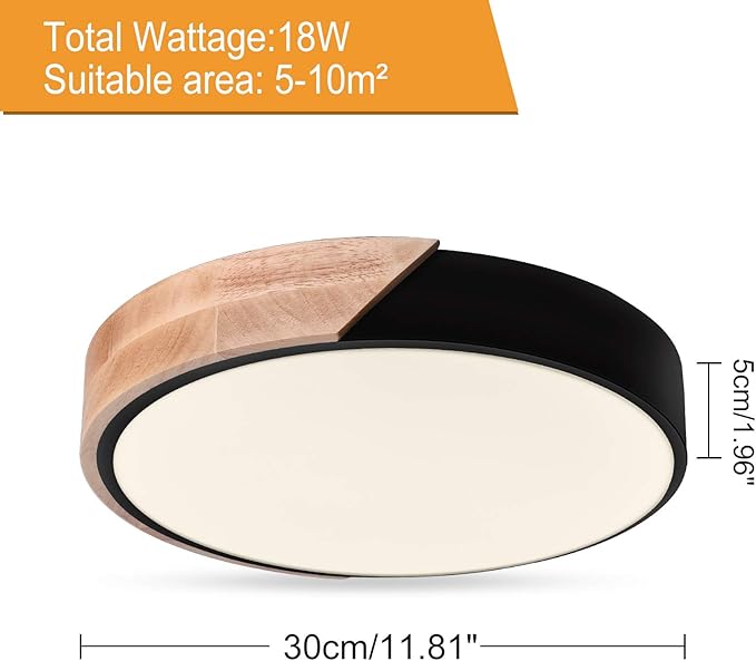EDISLIVE Ceiling Light Dimmable 11 inch Modern Minimalist LED Round Shaped Wood & Metal & Acrylic Flush Mount Ceiling Light with Remote Control Black