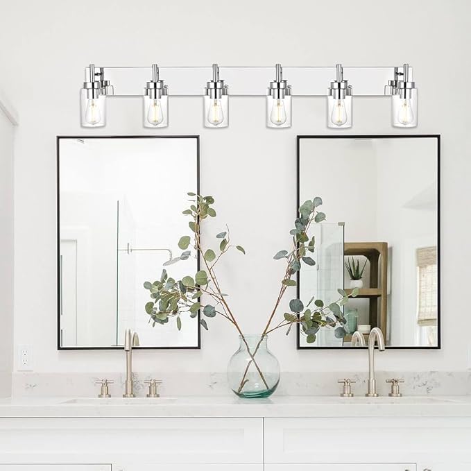 VINLUZ Bathroom Vanity Light Chrome Finished Vintage Wall Lighting Fixtures with Clear Glass Shade Modern Sconces Wall Light for Bedroom Hallway (Patent No.: US D958,438 S)