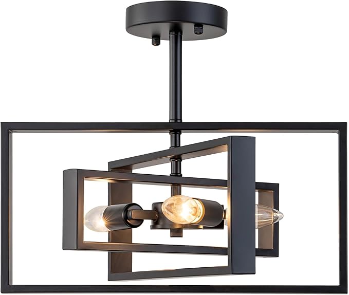 Modern Semi Flush Mount Ceiling Light, 3-Light Black Geometric Square Close to Ceiling Light Fixture, E12 Base Farmhouse Lighting for Hallway Foyer Bedroom