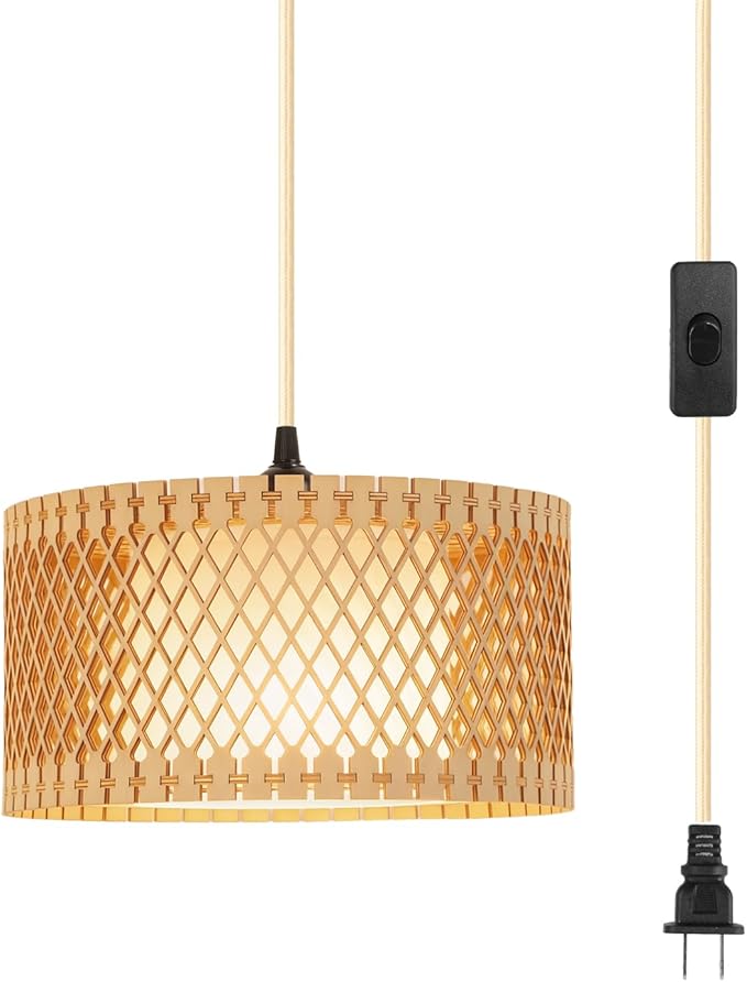 ZSLAIFU Hanging Lamp Plug in Pendant Light, 15FT Hanging Lights with Plug in Cord, Hanging Light with Bulb and Remote, Wood Shade Hanging Lamps for Bedroom, Living Room, Kitchen, Farmhouse