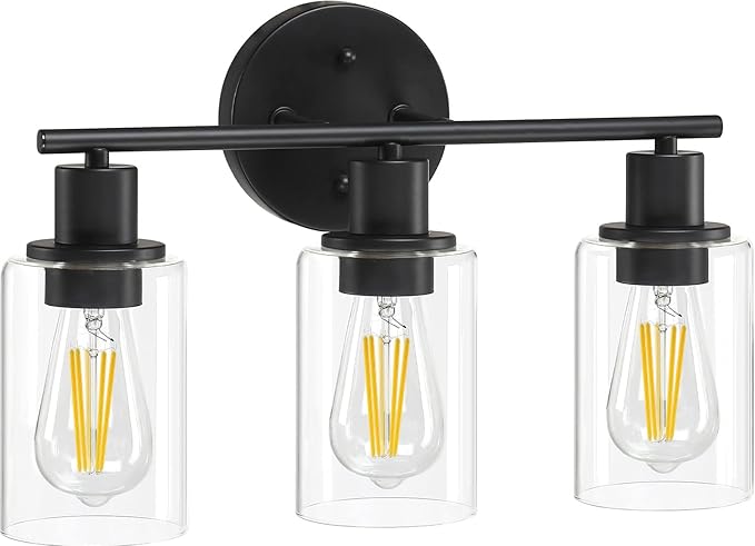 Pia Ricco Bathroom Vanity Light Fixtures, 3-Light Black Vanity Lights with Clear Glass Shades, Modern Wall Light Fixture Over Mirror, Bathroom Wall Sconces for Mirror Living Room Bedroom Hallway