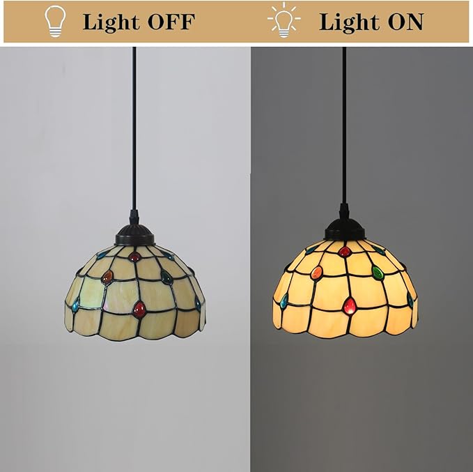 Tiffany Pendant Light Fixtures 8" Wide Stained Glass Hanging Lamp Colored Glass Beads Hanging Lights for Kitchen Dining Room Bedroom