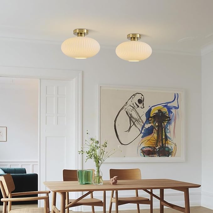 BOKT Mid Century Modern Ceiling Light Fixture Milk White Ribbed Glass Ceiling Light Nursery Close to Ceiling Stairway Gold Semi Flush Mount Ceiling Lamp 11.8"
