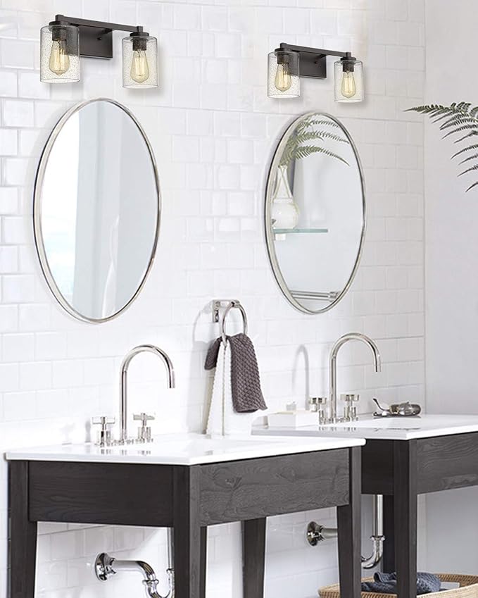 Beionxii 2 Light Bathroom Vanity Lights, Vintage Wall Sconce Oil Rubbed Bronze with Clear Seeded Glass 16" W x 8.75" H - MB9002-2