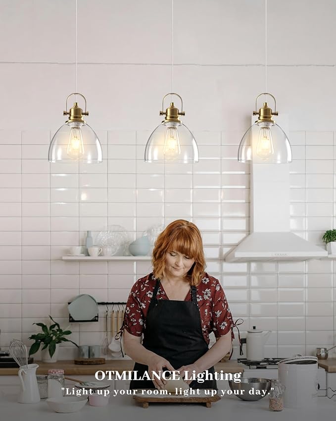 Glass Pendant Lights Kitchen Island, 7.5 inch Gold Glass Pendant Lights 1-Pack, Modern Pendant Light with Clear Glass Shade, Farmhouse Kitchen Pendant Light for Dining Rooms, Kitchen Island