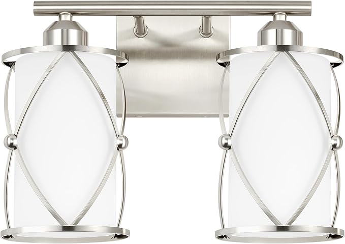 2-Light Brushed Nickel Bathroom Light Fixtures with Milk Frosted Glass, 13" Modern Bathroom Vanity Lighting Fixtures Over Mirror with Metal Cage, Wall Sconce Light for Bath, E26, CH9176BNW-2W