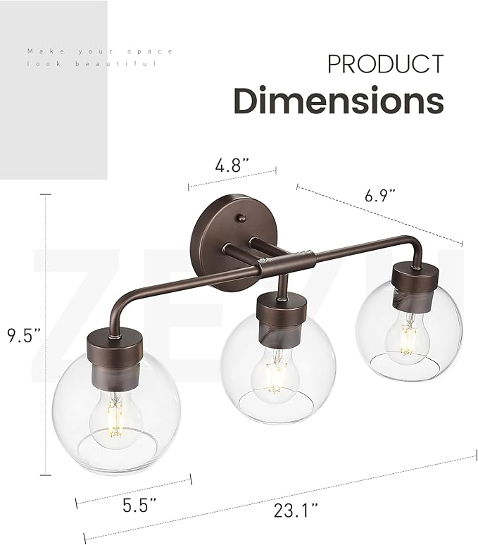 zeyu 23" Oil Rubbed Bronze Vanity Light Fixture, 3-Light Farmhouse Bathroom Wall Lights with Clear Glass Globe Shade, ZS62BG-3W ORB