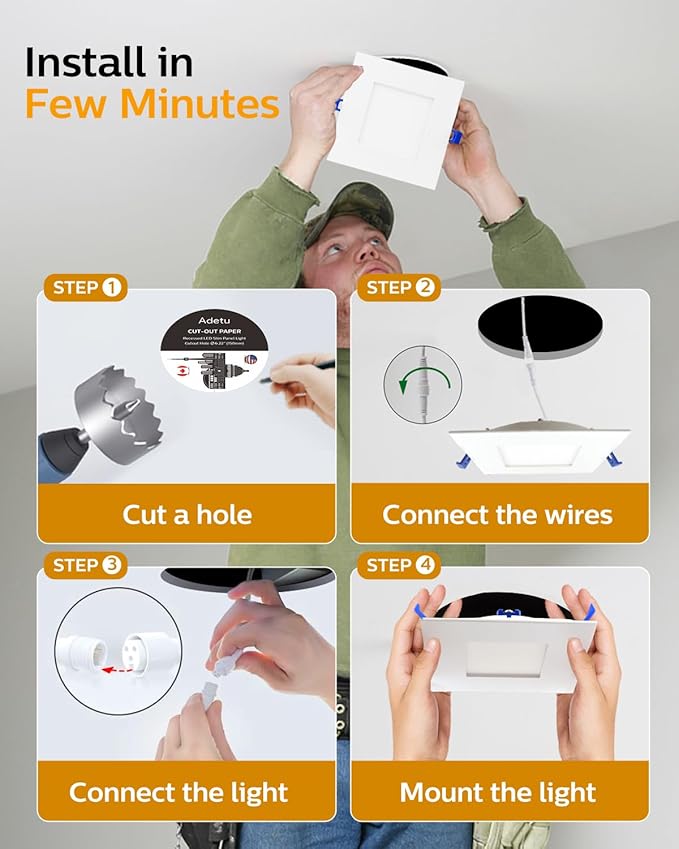 Adetu 6 Pack 6 inch Square Led Recessed Lighting,5CCT Ultra Thin Square Led Ceiling Light with Junction Box,14W 1190LM,CRI90,2700K-5000K Selectable,Dimmable Canless Downlight,ETL and Energy Star