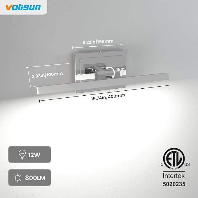 VOLISUN Modern Bathroom Vanity Light 15.7 inch, Rotatable, 12W Dimmable 5CCT Led Bathroom Light Fixture Over Mirror, Chrome Vanity Light for Bathroom Mirror Cabinets-ETL Certificated