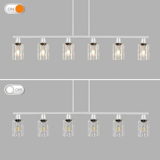 6-Light Kitchen Island Lighting with Glass Shade and Adjustable Rods, Brushed Nickel Dining Room Light Fixture Over Table, Farmhouse Linear Chandelier Pendant Light for Kitchen Living Room