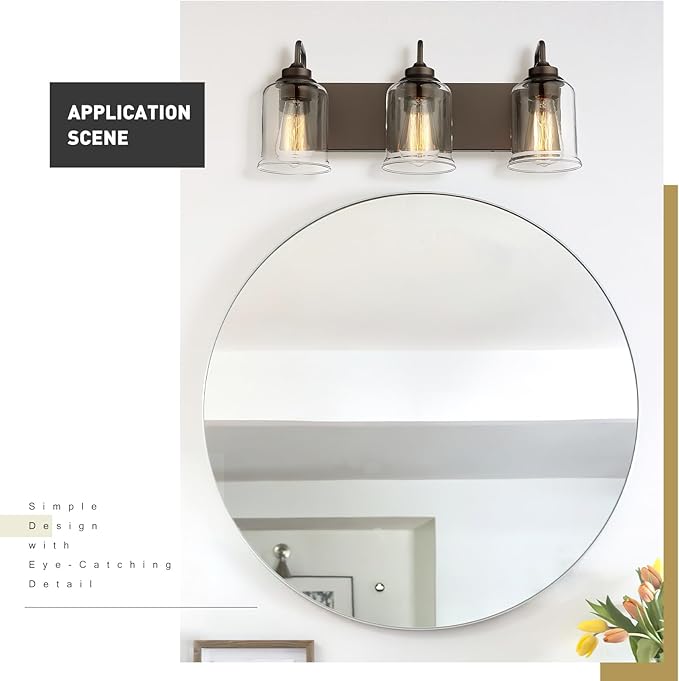 zeyu 20.5 Inch Farmhouse Bathroom Vanity Light Fixtures, 3-Light Bath Light Fixtures for Bathroom Above Mirror, Oil Rubbed Bronze Finish with Clear Glass Shade, ZSL72B-3W ORB
