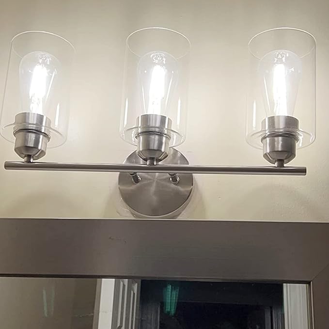 3-Light Bathroom Light Fixtures, Brushed Nickel Bathroom Vanity Lights, Bathroom Lighting Fixtures Over Mirror with Clear Glass Shade, Wall Sconce Light for Bedroom, Living Room and Hallway