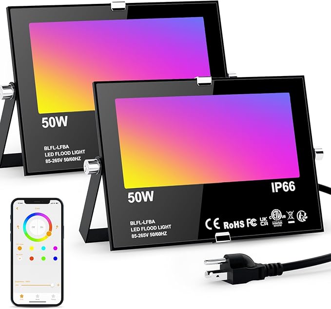 LED Flood Lights RGB Color Changing 500W Equivalent, Outdoor RGBW Bluetooth Smart Floodlights APP Control, IP66 Waterproof, Timing, 2700K&16 Million Colors 23 Modes for Stage Landscape Lighting 2 Pack