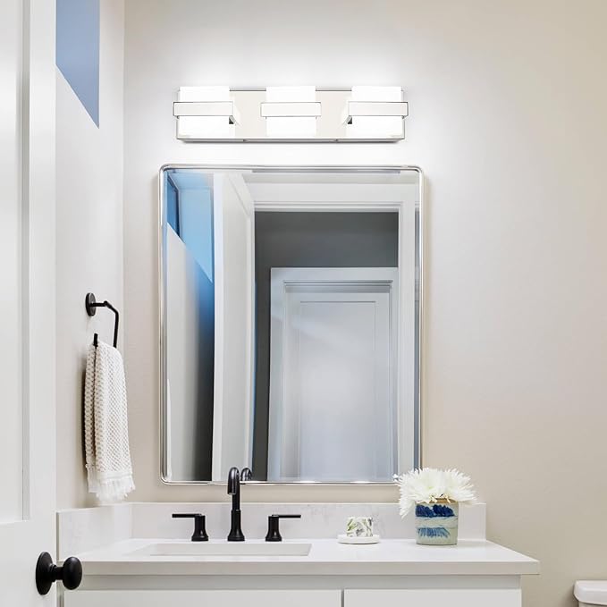 SOLFART 3-Lights Chrome Bathroom Light,Vanity Light Over Mirror, Modern LED Light Fixtures, 5 Color Temperature Adjustable Modern Light for Bathroom