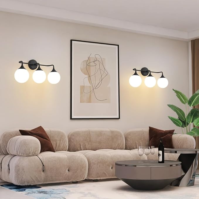 Black Bathroom Light Fixtures, Modern Vanity Lighting Over Mirror, Mid Century Modern Matte Black Wall Sconce 3-Light with Milky White Glass Ball Shades