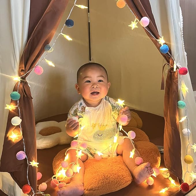 ChiRee Indoor String Lights 6.56 Feet Pom Poms Star Lights 20 LED Battery Operated String Fairy Lights Warm White Star Lights Colorful Decor Lights for Home Bedroom Kids Playhouse Holiday Christmas