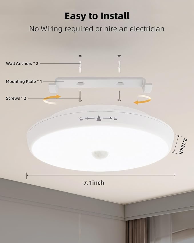 Motion Sensor Light Indoor, 2-Pack, 10000mAh, 7.1inch, 400LM, Remote Control, Dimmable, LED, Flush Mount, Wireless, Rechargeable, Battery Operated, Cordless, Ceiling Light, Closet Light, No Wiring