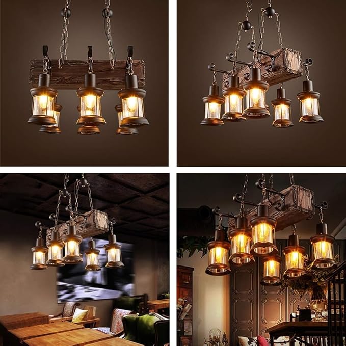 Farmhouse Lighting Industrial Rustic Wood Beam Linear Island Pendant Light Chandelier Lighting Hanging Ceiling Fixture 6-Light