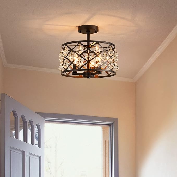 AGV LIGHTING CH013 Farmhouse Semi Flush Mount Ceiling Light Fixture, E12 Base 3-Lights, D13 x H12, Matte Black Finish