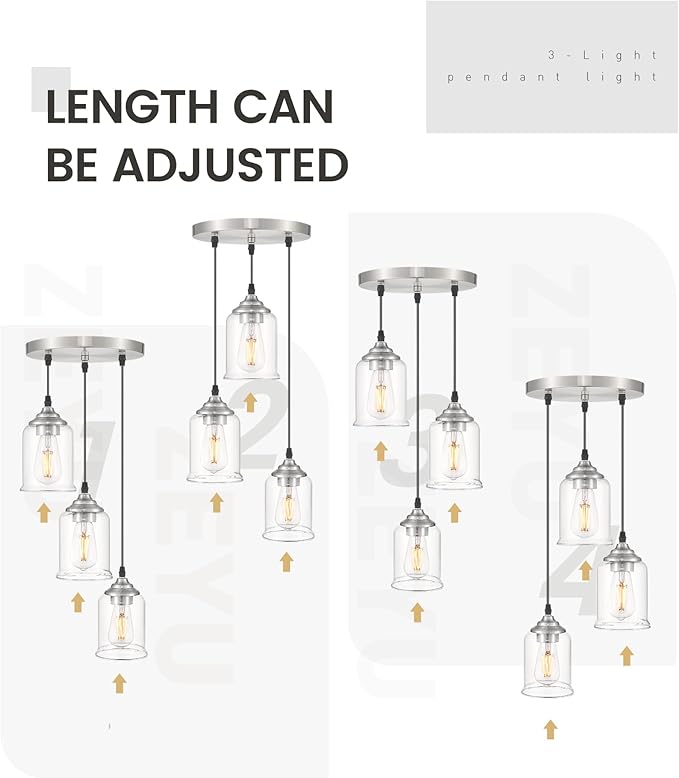 zeyu 3-Light Pendant Lighting, Adjustable Modern Cluster Pendant Light for Kitchen Island, Brushed Nickel Finish with Clear Glass Shade, ZSL104-3 BN