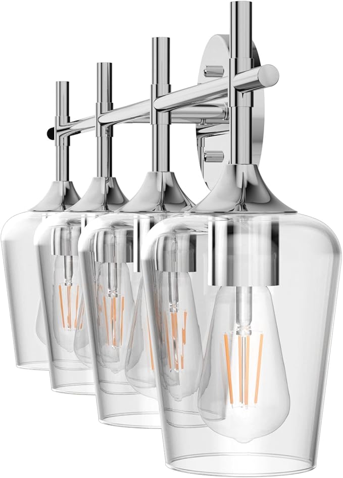 Ralbay Chrome Bathroom Vanity Light - 4 Light Industrial Farmhouse Style, Clear Glass, Over Mirror