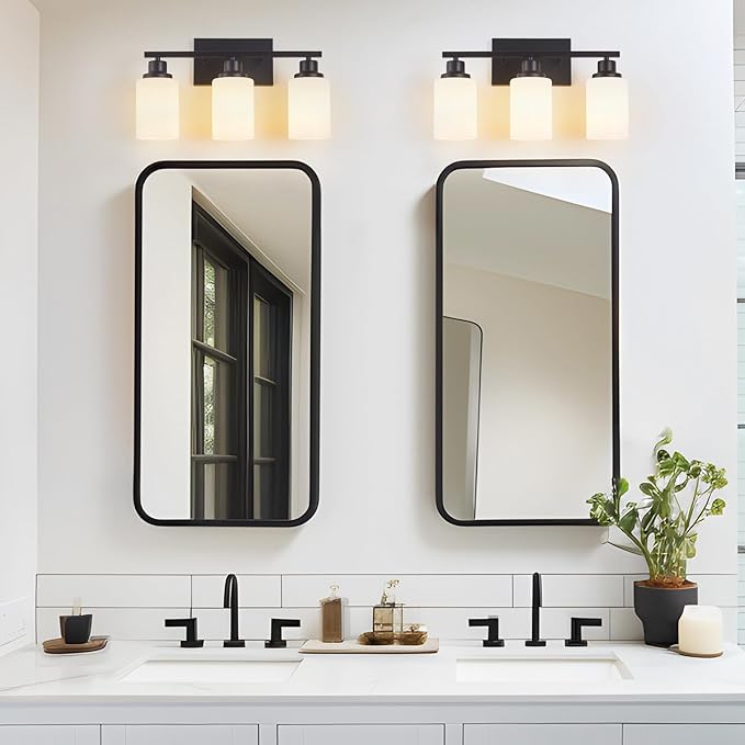 3-Light Black Bathroom Light Fixture Over Mirror,Modern Farmhouse Vanity Light,Wall Sconces with Milky White Glass Shade for Bathroom,Bedroom, Living Room,Staircase,Hallway E26