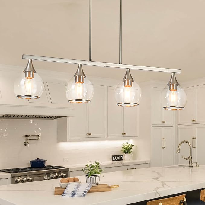 Island Light for Kitchen, 4-Light Brushed Nickel Island Pendant Lighting with Clear Round Glass Shades for Kitchen, Dining Table, Living Room