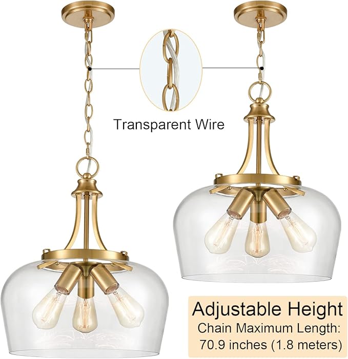 Modern Gold Pendant Lights Mid Century 3-Light Clear Glass Pendant Lighting with Adjustable Chain Hardwired Brass Glass Chandelier for Kitchen Island Dining Room
