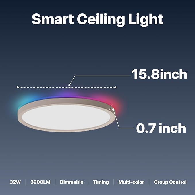 Smart LED Ceiling Light Flush Mount, 16 Inch RGB, White, 3200 Lumen, 30W, 2 Count, Bedroom, Modern Style