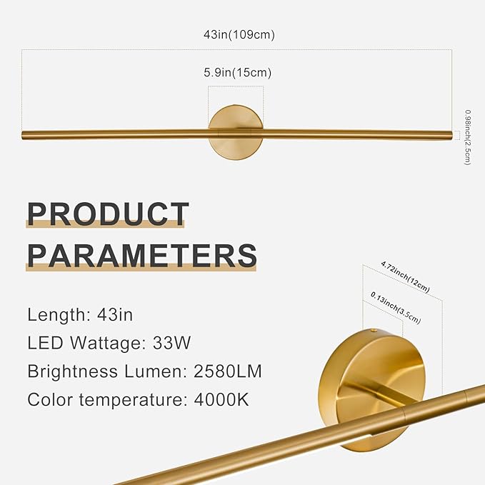 Gold Bathroom Light Fixtures Over Mirror 43 Inch, 33W 360° Rotatable Dimmable 4000K Led Brass Vanity Light Bar, Brushed Gold Bathroom Vanity Lights Above Mirror