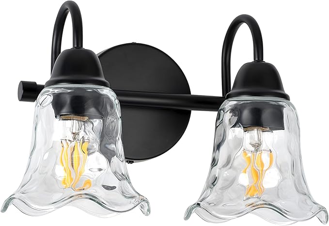Bathroom Light Fixtures over Mirror, 2 Lights Vintage Wall Sconces with Hammered Glass Shade, 12.6" Matte Black Farmhouse Bathroom Wall Light Fixtures for Bedroom, Porch, Hotel, Mirror Cabinet