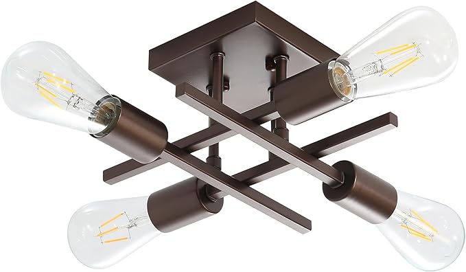 Industrial 4-Light Semi Flush Mount Ceiling Light Fixture, Farmhouse Oil Rubbed Bronze Chandelier Lighting, Modern E26 Base Sputnik Ceiling Lamp for Kitchen Living Room Hallway Entryway