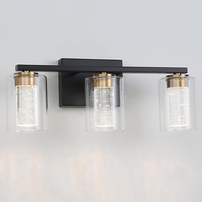 EMONG 3-Light Black&Gold Bathroom Light Fixtures,Dimmable 5CCT LED Vanity Lights with Clear Glass,2700K-6500K Adjustable Crystal Bubble Black Bathroom Vanity Light Over Mirror for Hallway