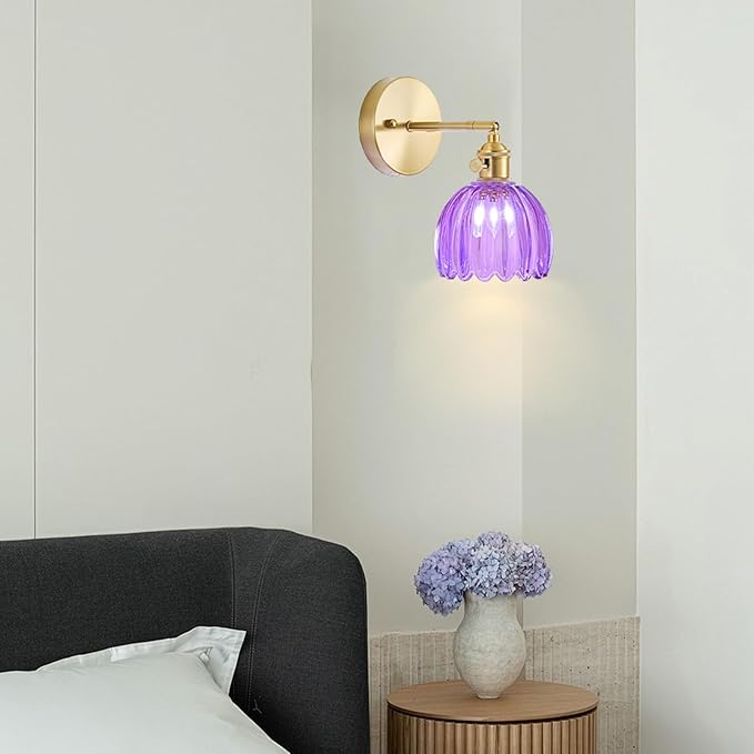 Hardwired Wall Sconce Light, Vintage Wall Sconce with Switch, Gold Wall Light Fixture with Tulip Purple Glass Lampshade, Indoor Wall Light for Bedroom Bathroom, Bedside Wall Lamp
