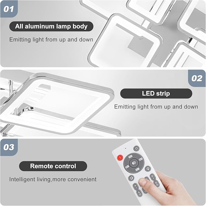 31.5''Dimmable Modern LED Ceiling Light Chrome 6Rings Square Ceiling Lamp 3000K-6500K Flush Mount Ceiling Lightwith Remote for Dining Room, Kitchen, Living Room